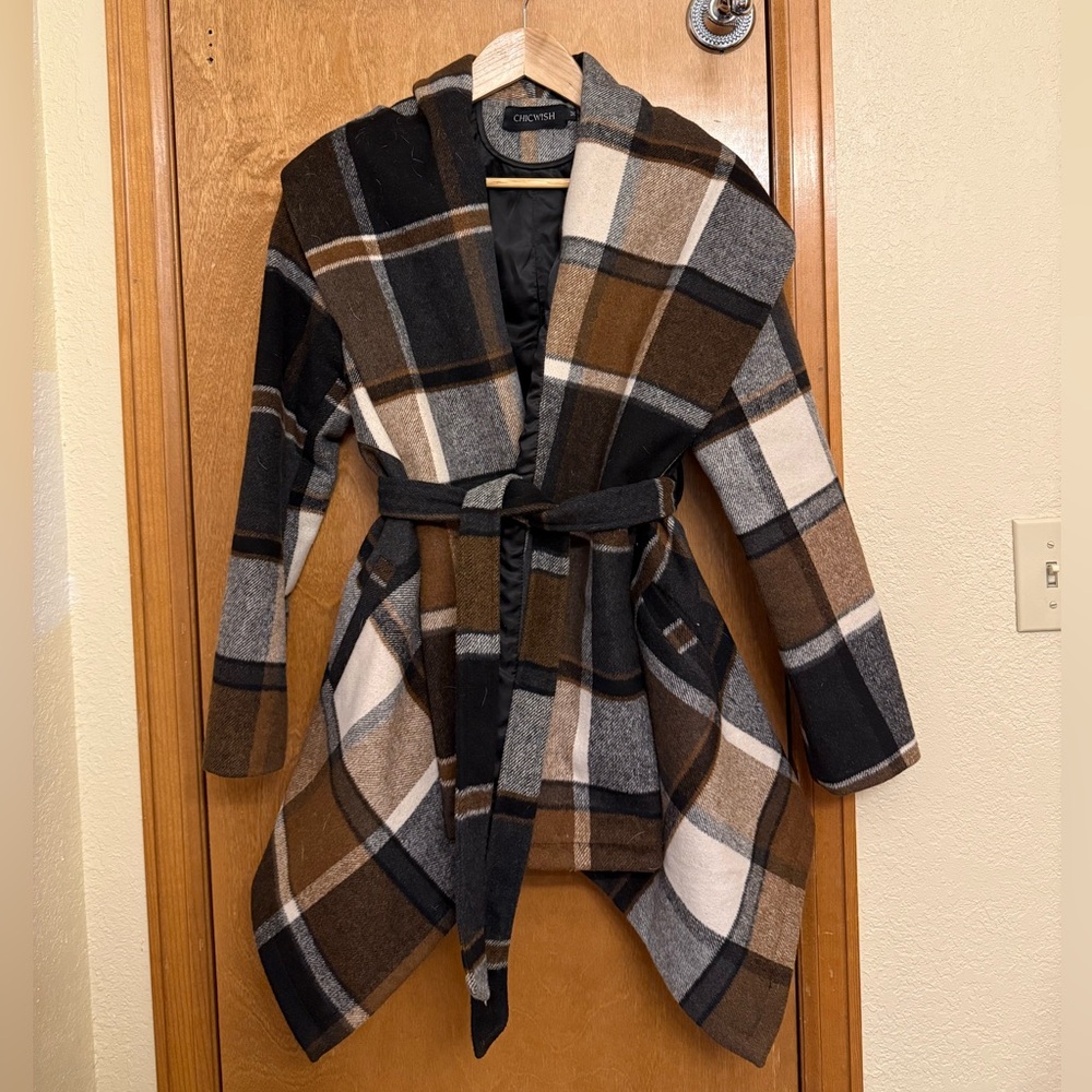 Chicwish Plaid Wool-Blend Waterfall Belted Coat